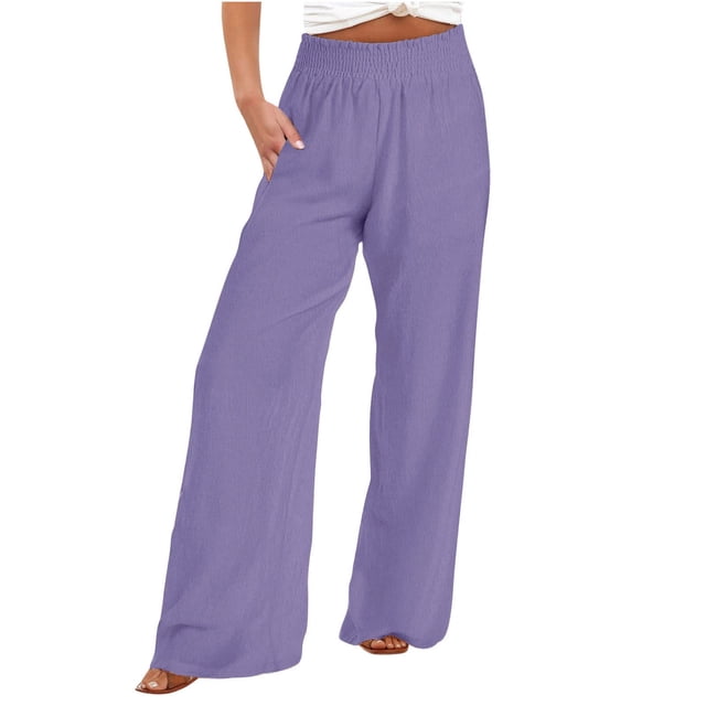Yuyuzo Plus Size Pants for Women Cotton Linen Elastic High Waist Wide Leg Straight Loose Casual Solid Color Trousers