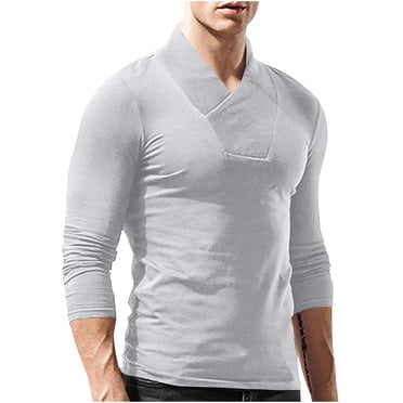 Jalioing T-Shirts à Col en V pour Hommes à Manches Longues, Couleur Unie, Coupe Ajustée, T-Shirts d'Automne, Mode Décontractée, Chandail de Base