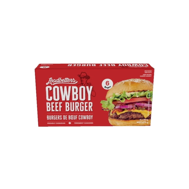 Leadbetters Cowboy Burger 4 Oz, Boîte de 6 Burger de Bœuf Surgelés avec Emballage Rouge Présentant une image Détaillée d'Un Hamburger au Fromage Nappé de Laitue, de Tomate, d'Oignon Rouge et de cheddar Fondu sur un Petit Pain aux Graines de Sésame, Étiqueté comme 6 Galettes Totalisant 678 Grammes, Fièrement Canadien et Idéal pour le Gril Ou la Saisie à la Poêle.