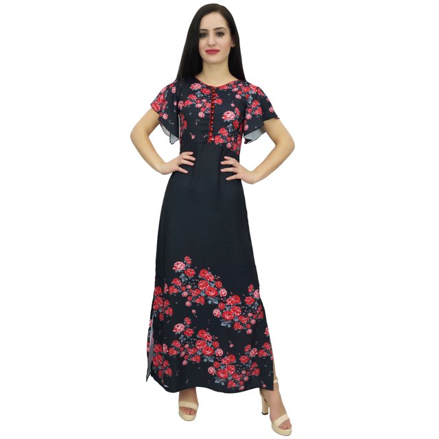 Bimba Robe Maxi Noire à Manches pour Femme à Fleurs en Georgette Tenue d'Été-28