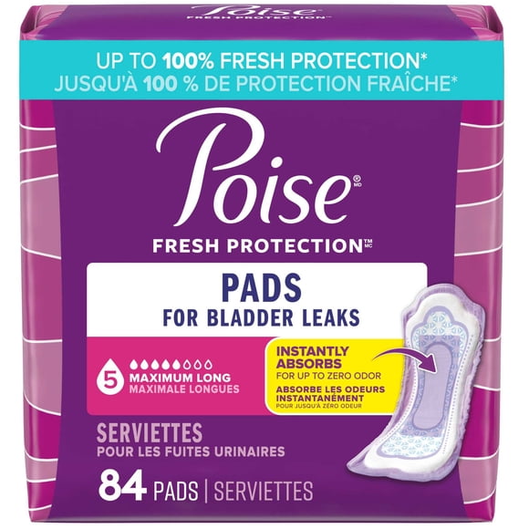 Poise Incontinence Pads for Women, 5 Drop, Maximum Absorbency, Long, 84Ct