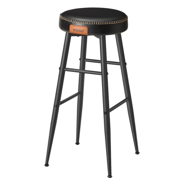 VASAGLE Echo Collection Bar Stools Set of 2, 30-inch tall kitchen counter stools with ink black synthetic leather upholstery and refined stitching. Features include tapered matte steel legs, staggered footrests, and swivel leveling feet for stability. Ideal for breakfast areas, home bars, or dining rooms.