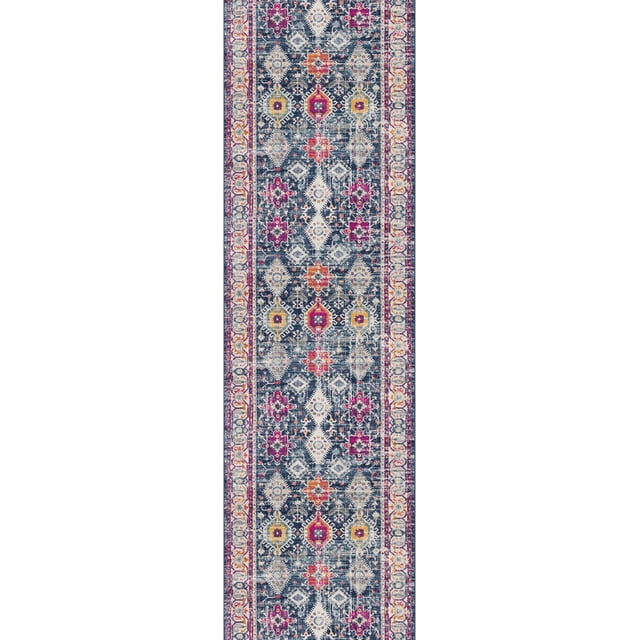 Rug Branch Savannah 2'3" x 9' South-Western indoor runner rug crafted from durable polypropylene with a medium cut pile, featuring a detailed geometric and floral pattern in blue, beige, pink, orange, and yellow, ideal for entryways, hallways, kitchens, or bathrooms, and often used to add warmth and style to narrow spaces.