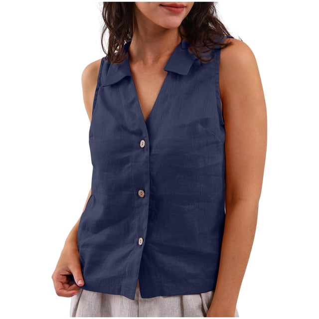 Tank Top for Women, Womens Solid Button V-Neck Tank Top