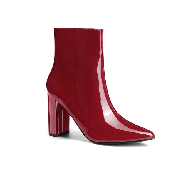 Unique Bargains Women's Pointed Toe Zipper Patent Leather Ankle Chunky Boots