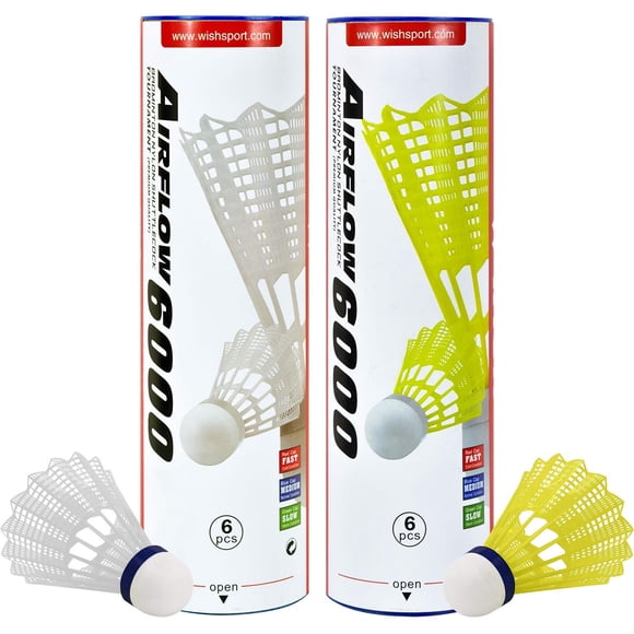 WISH Flux d'Air 6000 Volants de Tournoi de Badminton - Lot de 6 Tubes de Volants en Nylon Durables avec Embouts en Liège - Oiseaux de Badminton pour l'Intérieur et l'Extérieur