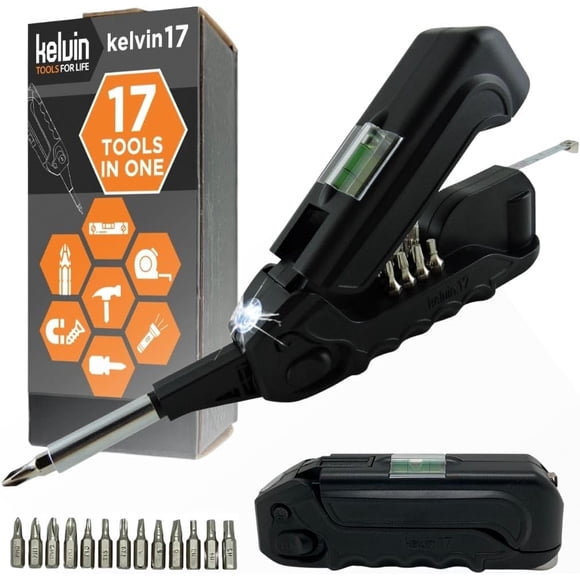 Kelvin Tools - Kelvin 17 Urban Screwdriver Set, All in One Everyday Multitool Screwdriver, Multi-Tip, Compact & Universal Precision, 13 Bit Set with Tape Measure, Liquid Level, Hammer and Flashlight