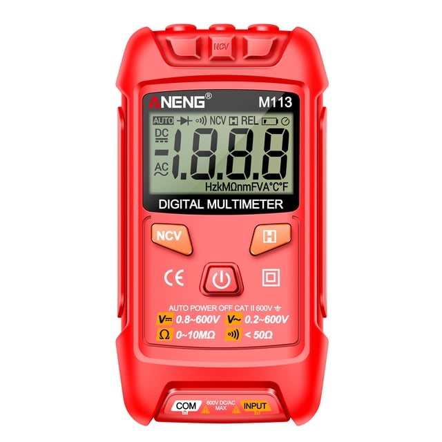ANENG ANENG M113 Multimètre Numérique Compact avec Réglage Automatique, Détection NCV et Maintien des Données pour les Tests de Tension, de Résistance et de Continuité (Rouge, Pile Non Incluse)