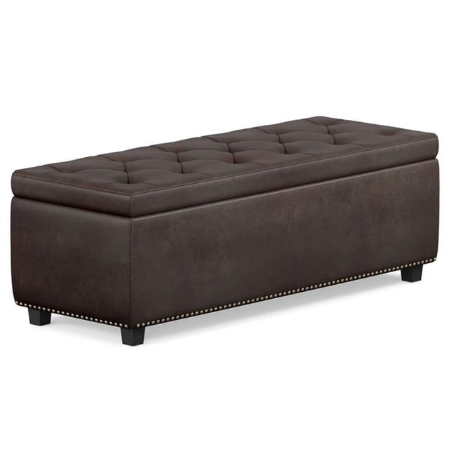 Pemberly Row 48" Tufted Rectangular Ottoman in Distressed Brown Faux Leather