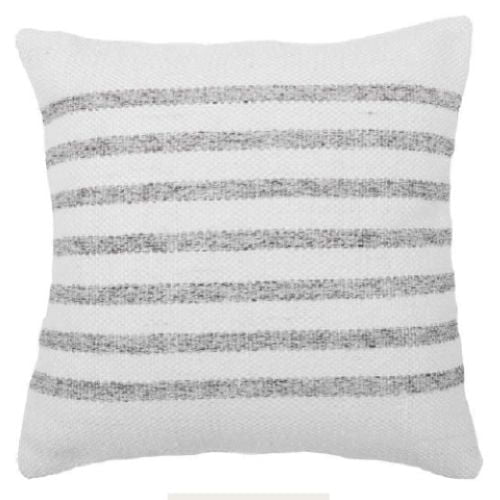 Element striped cushion 18''x18'' grey stripe, square indoor/outdoor pillow made with water-repellent 100% recycled RPET polyester yarn, featuring horizontal grey stripes on white fabric and a concealed zipper, suitable for patio and outdoor decor.