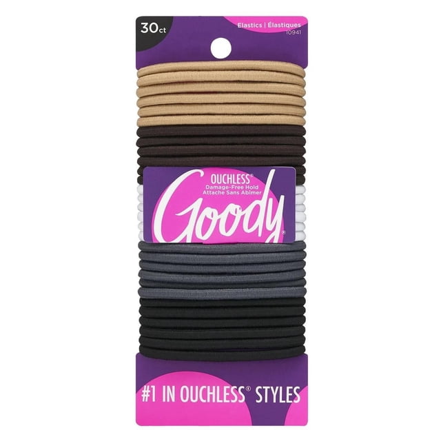 Goody Hair Elastics - Assorted Java Bean Neutral Colors - 30 Ct front-facing coil of 30 cloth-covered, thin elastics in assorted Java Bean neutral tones; no metal clasps visible; flexible, ouchless design for fine to thin hair and children's hairstyles; suitable as on-the-go ponytail backups and often used for bundling small cords or as simple wristbands.