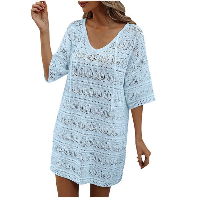 Birdeem Womens Summer Solid Color Hollow Out Vacation Beach Dress Sun Protection Blouse