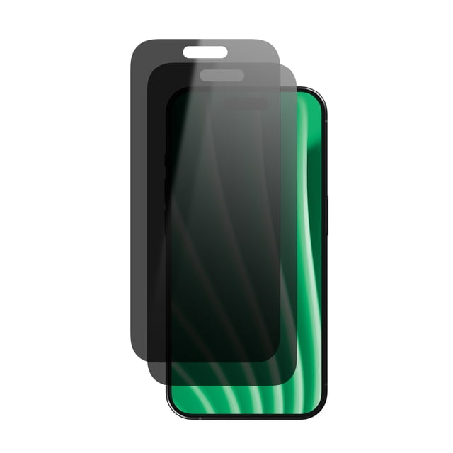 onn 2-Pack Privacy Tempered Glass Screen Protectors for iPhone 17 Pro Max shown over a front-facing iPhone with green wavy wallpaper, featuring 180° privacy protection, 9H hardness shatter-resistant tempered glass, beveled edges to resist chipping, and an included application frame for easy installation, maintaining screen clarity and touch sensitivity.