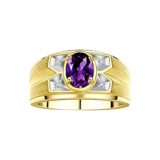 RYLOS Men's Rings 14K Yellow Gold Rings Classic Designer Style 8X6MM Oval Gemstone & Diamond Ring Amethyst February Birthstone Rings For Men Size 12