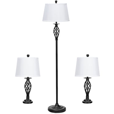 Gymax Ensemble de 3 Lampes 2 Lampes de Table 1 Lampadaire Abat-Jour en Tissu Salon Chambre