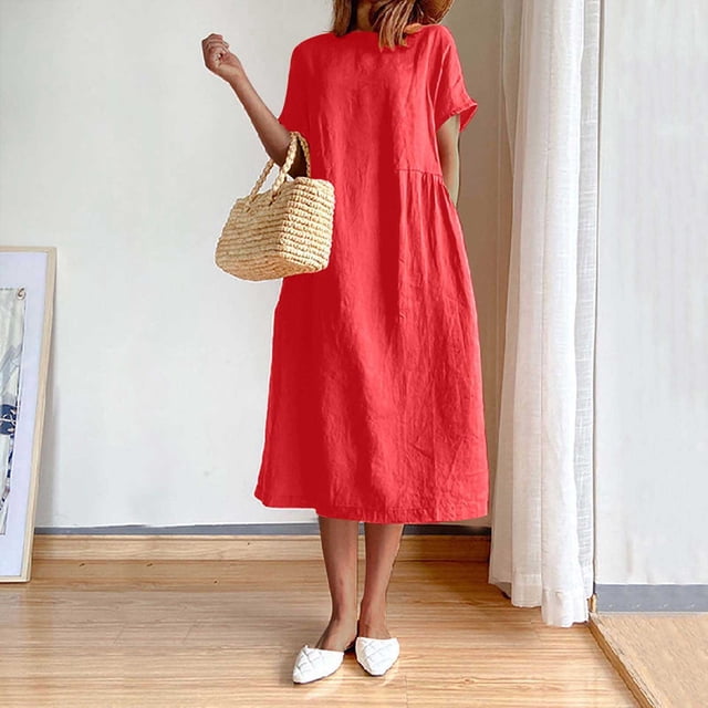LOVZFMLL Women's Summer Fashion Solid Color Round Neck Short Sleeve Linen Dress Red L