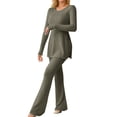 thumbnail image 1 of Ensemble de Survêtement pour Femmes en Tricot Deux Pièces, Col Rond, Ourlet Fendu, T-Shirt et Pantalon, 1 of 5