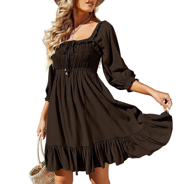 Gspmoly Robes pour Femmes Grande Taille, Robe pour Femmes à Encolure Carrée - Mode Décontractée, Tempérament, Cordon de Serrage, Dos Ajouré Ouvert, à Lacets, Manches 3/4, Coupe Ajustée, Robe Aguichant, Robes de Travail pour Femmes, Offres