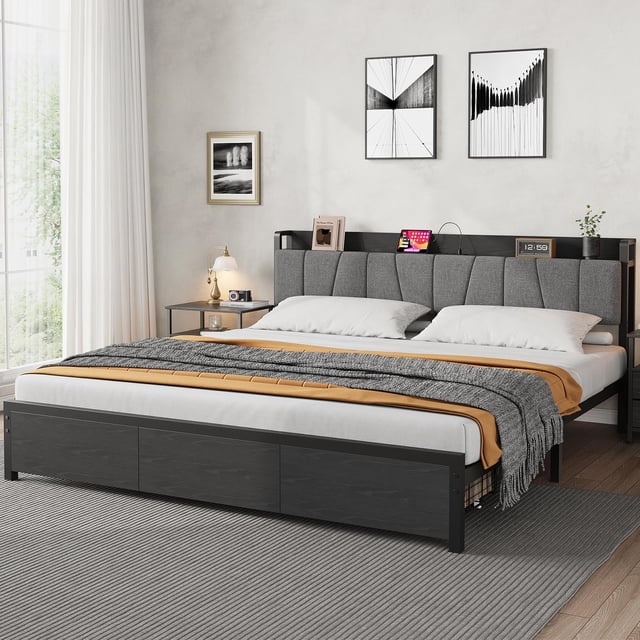 GloryStar Bed Frame with Storage Headboard, Industrial Full Platform Bed with 2 Large Drawers and Charging Station, Black No Box Spring Needed Bedframe