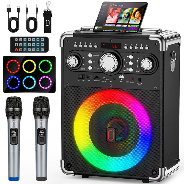 JYX Karaoke Machine with 2 Microphones, Bluetooth Speaker with FM Radio, LED Light Show, Singing Machine Home Karaoke System for Party