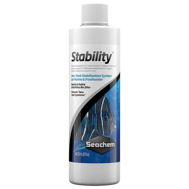 Seachem Stability - 250 ml bottle of aquarium water treatment that rapidly and safely establishes a biofilter in freshwater and saltwater tanks to prevent new tank syndrome, featuring a white plastic bottle with a blue label showing a fish and the Seachem logo.