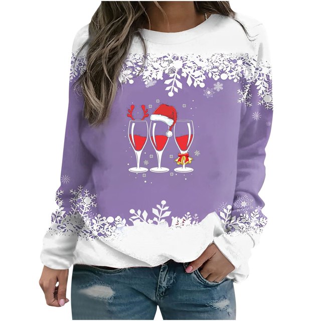 Chandail en Molleton de Noël pour Femmes, T-shirt d'Hiver Imprimé Ample, Blouse à Manches Longues, Col Rond, Hauts Décontractés, Chandails en Molleton pour Femmes en Liquidation