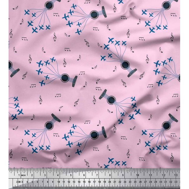 Soimoi Georgette Viscose Fabric Airplane,Guitar Wire & Notes Musical Instrument Printed Fabric 1 Yard 42 Inch Wide