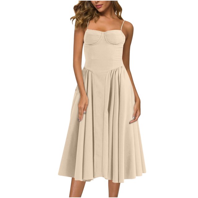 Gspmoly Robes d'Été pour Femmes, Mode pour Femmes Couleur Unie Style Dopamine Bretelle d'Épaule Bretelles Ajustables Robe à Poches Robe à Bretelles Col Rond Robes de Soirée pour Femmes Liquidation