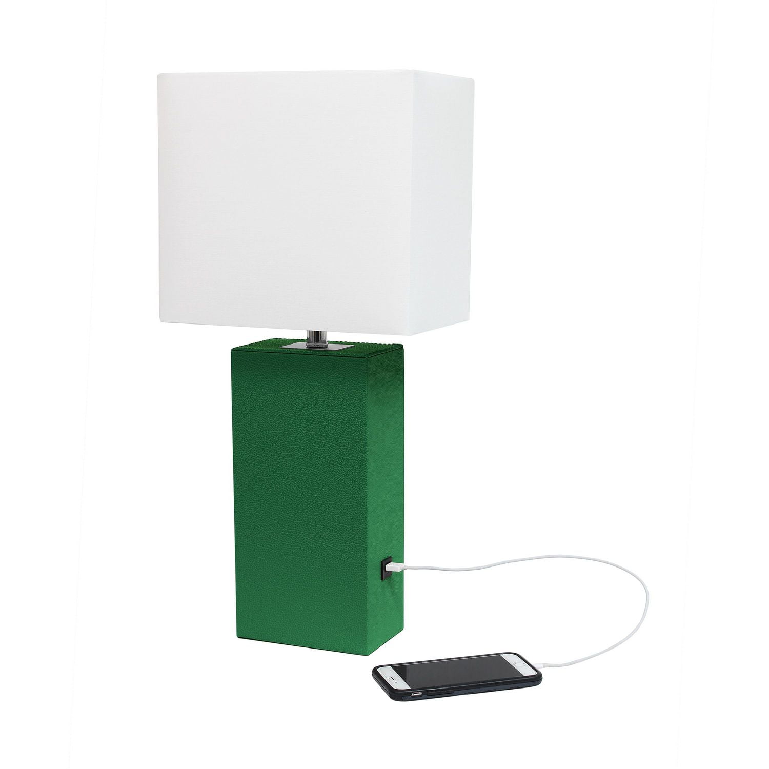 Lampe de table design moderne en cuir élégant avec abat-jour USB et tissu blanc