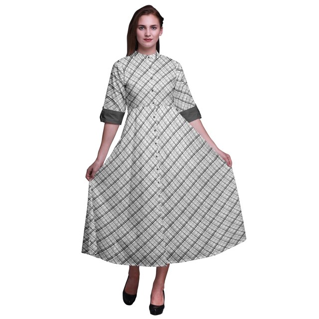Bimba Robe-Chemise Mi-Mollet pour Femmes à Carreaux Imprimés, Manches Retroussables, Boutonnée - Moyen