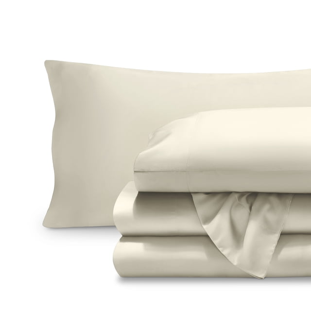 Bare Home TENCEL™ Sheet Set in Queen size, Natural color, made from Lyocell derived from eucalyptus. Includes a deep pocket fitted sheet, flat sheet, and two pillowcases. Features a silky-smooth sateen weave, cooling moisture regulation, and eco-friendly materials suitable for sustainable living.