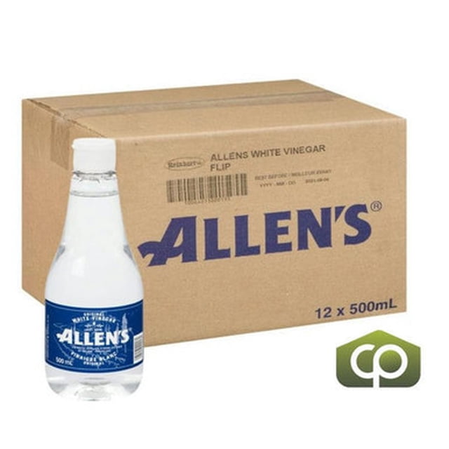 Allens White Vinegar Flip Cap 500ml/0.5 Liter (12/Case) - Canadian Made. The image shows a clear PET bottle of Allens White Vinegar with a blue label and flip cap, placed in front of a cardboard case labeled 'Allens White Vinegar Flip' containing 12 bottles. Ideal for culinary uses such as salad dressings, pickling, and marinades, this vinegar offers subtle flavors and preservative qualities. The packaging is designed for easy pouring and storage.