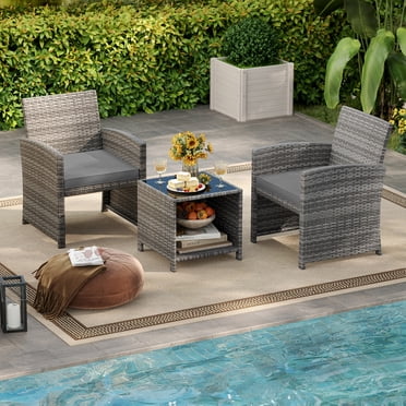 Gymax 3 Pieces Patio Furniture Set PE Rattan Chairs Set w/ Storage Coffee Table Gray