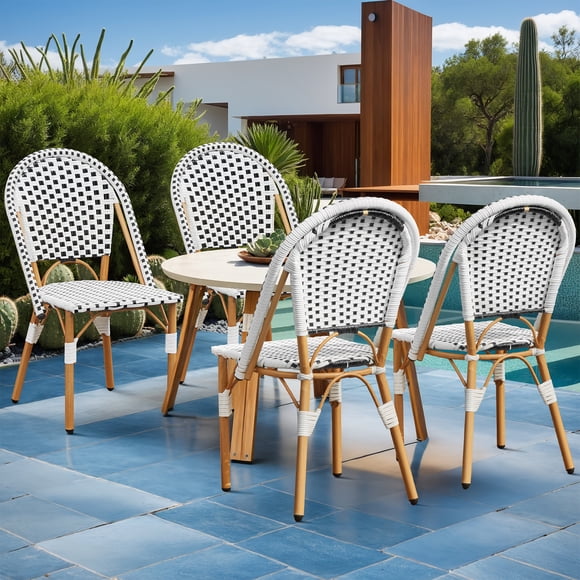 AVAWING Outdoor French Bistro Chair Set of 4, Patio Rattan Dining Chair w/ Print Finish, Black&White