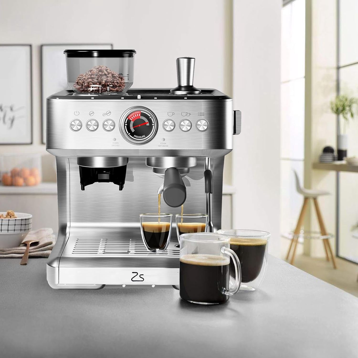 Semi-Automatic Espresso Machine with 20 Bar Pump – Built-in Bean Grinder, Steam Wand for Milk Frothing, 2.8L Water Reservoir, for Home Latte, Cappuccino & More