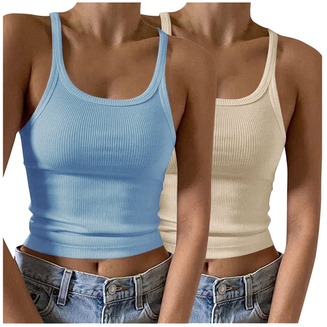 Timegard Camisoles 2 Pcs pour Femmes Col Rond Côtelé Sans Manches Ajusté Court Haut Décontracté Sortie Camis