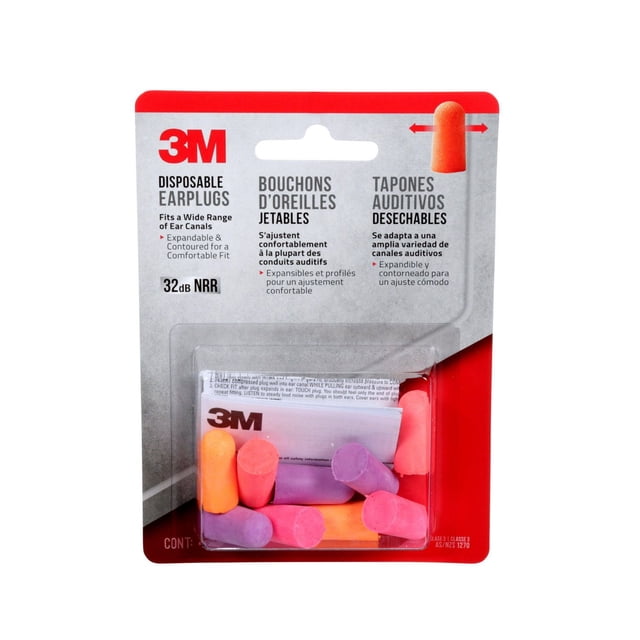 3MTM Bouchons d'Oreilles Jetables 92050H4-DC-R, 32 dB NRR, Bouchons d'Oreilles en Mousse Assortis orange, Rose et Violet en Emballage blister Transparent avec Dos Rouge et Gris. Conçus pour s'Étirer et Sculpter pour un Ajustement Confortable et une protection Auditive Efficace sur les Chantiers Bruyants.