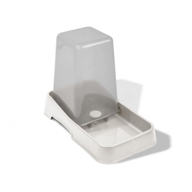 Van Ness 10L Liter Auto Waterer with a translucent gray reservoir and white base tray, made from BPA-free FDA-approved plastic resin, providing pets with a continuous fresh water supply, easy to clean and refill, also suitable for small dogs.