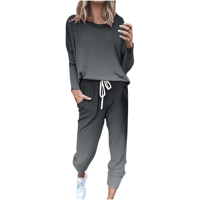 Birdeem Womens Fashionable Loose Printed Long Sleeved Round Neck Drawstring Casual Set