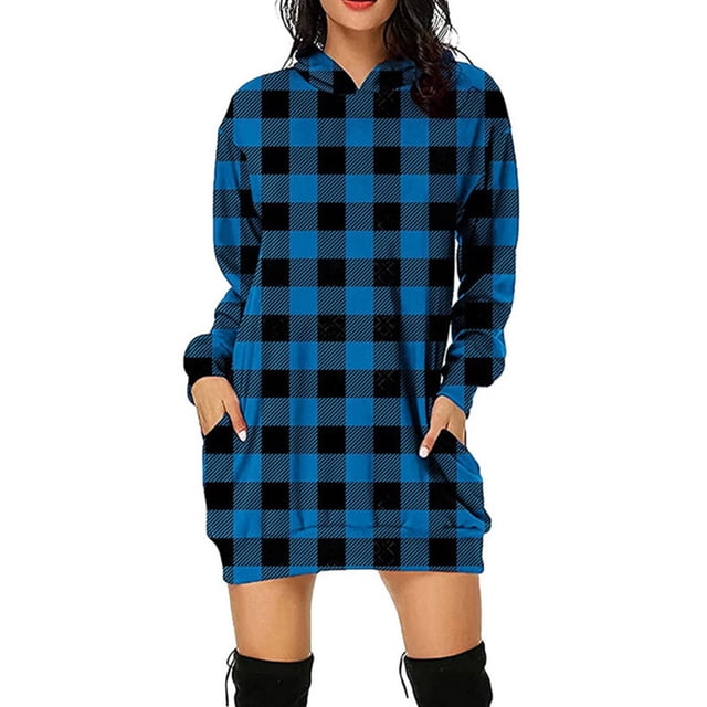 Bellella Robe Chandail en Molleton Femme Midi Longue à Capuche à Carreaux Manches Décontractées Automne Bleu m