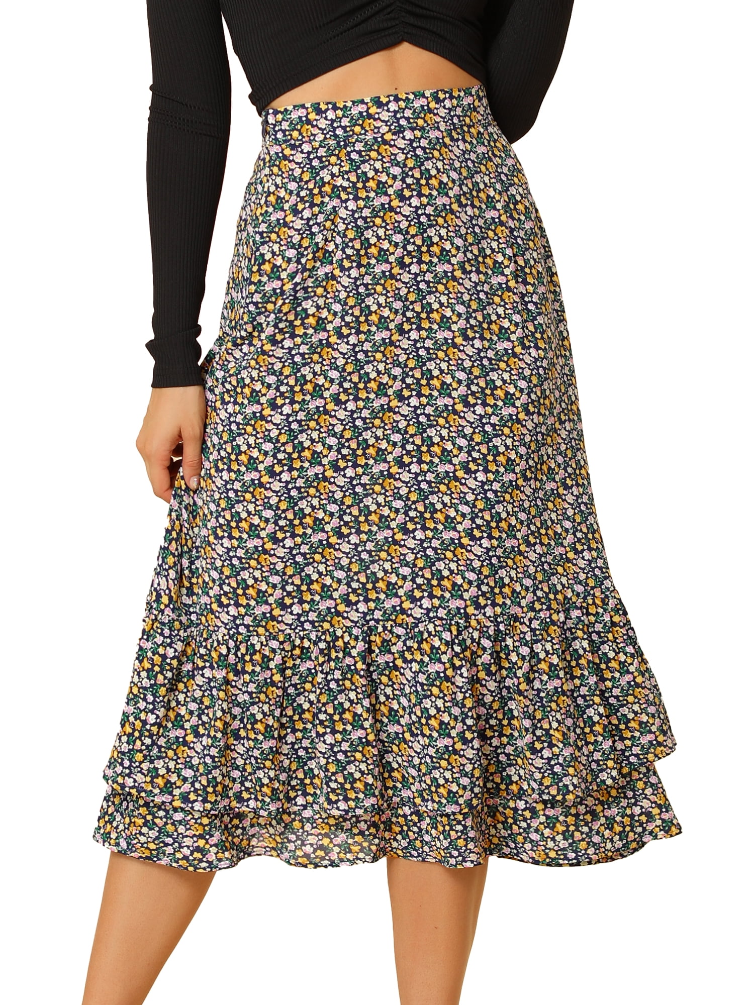 Unique Bargains Women's Floral Print Elastic Waist Ruffle Hem Midi Skirt