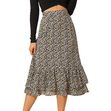Unique Bargains Jupe Midi pour Femme à Imprimé Floral, Taille Élastique, Ourlet à Volants