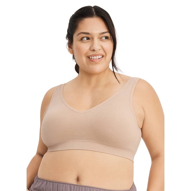Jockey Seamfree Back Smoothing Bralette in a neutral tone, designed for women, featuring a wire-free design with sewn-in molded cups for enhanced shape. The bralette has wide, dig-free straps and high sides for back smoothing, crafted from soft, stretchy fabric. Pullover style suitable for everyday comfort.