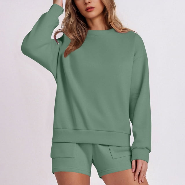 HAiming Ensemble 2 Pcs pour Femmes Chandail Col Rond Chandails en Molleton et Shorts Surdimensionnés Amples
