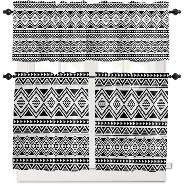 Geometric Boho Valances for Windows, Modern Kitchen Curtains, Bathroom Curtains Window Rod Pocket Short Curtains,Kitchen Window Curtains Over Sink,3 PCS Small Window Curtains,Valances for Kitchen