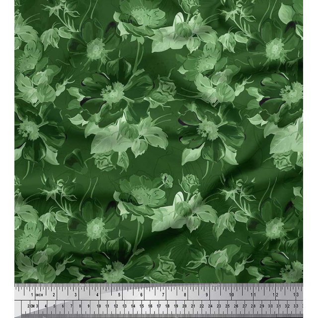 Soimoi Green Cotton Cambric Fabric Leaves & Floral Printed Fabric 1 Yard 42 Inch Wide