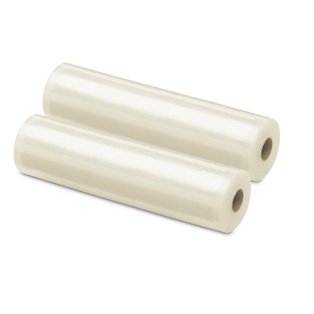 Cuisinart Biodegradable Vacuum Bag Rolls with two translucent beige rolls, 11 inches by 10 feet each, 3ml thickness, mesh pattern, made from plant-based PLA material for standard vacuum sealers, also suitable for bulk food storage sealing.