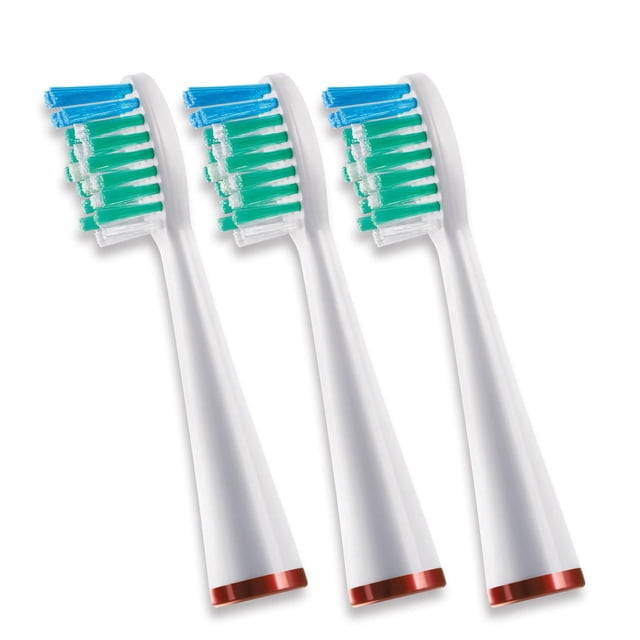 Waterpik Têtes de Brosse de Rechange pour WP-900 et SR3000, Lot de 3, Mettant en Vedette Trois Têtes de Brosse Blanches avec des Poils Bleus et Verts Extra Doux, Arrondis à l'Extrémité, Conçus pour un Retrait Doux et Efficace de la plaque, Chacune avec une base Métallique Rouge, compatible avec l'Entretien Complet WP-900, Affichées sur un Fond Blanc.