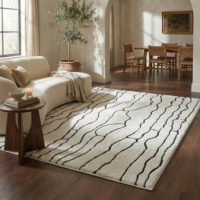 Tapis d'interieur abstrait Rug Branch Domus, creme noir, moderne - Salon, chambre, salle a manger et cuisine