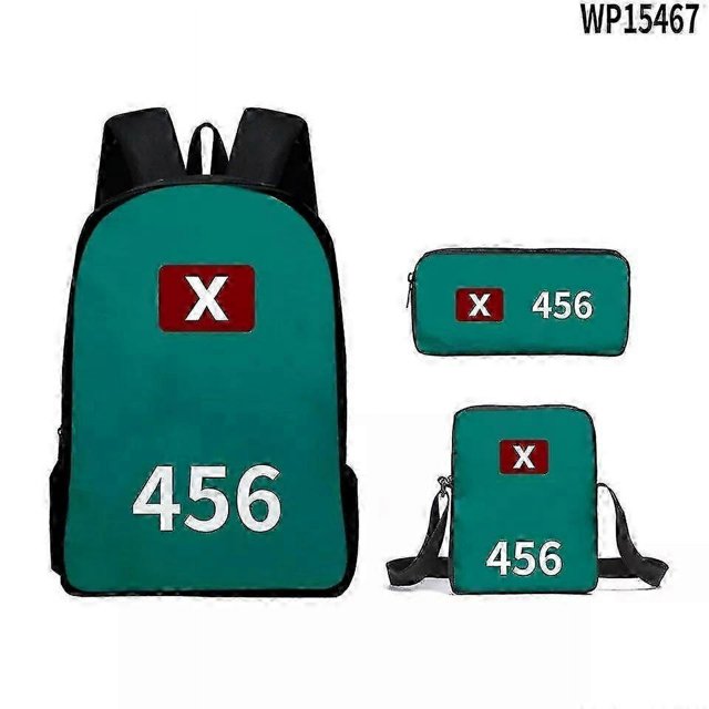 Squid Season 2 Survival Game Backpack Student School Shoulder Bag Bookbag 3PC szfh by YIBB. A three-piece set including a teal school backpack, shoulder bag, and pencil case, each featuring a red square emblem marked 'X' and the number '456' in bold white text. Suitable for students and casual use.